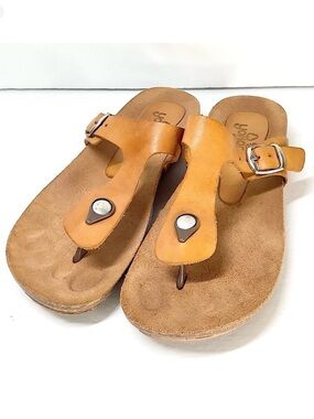 YOKONO Leather T-Strap Sandals Cork Footbed Comfort Thong Resort Beach Size 8 US